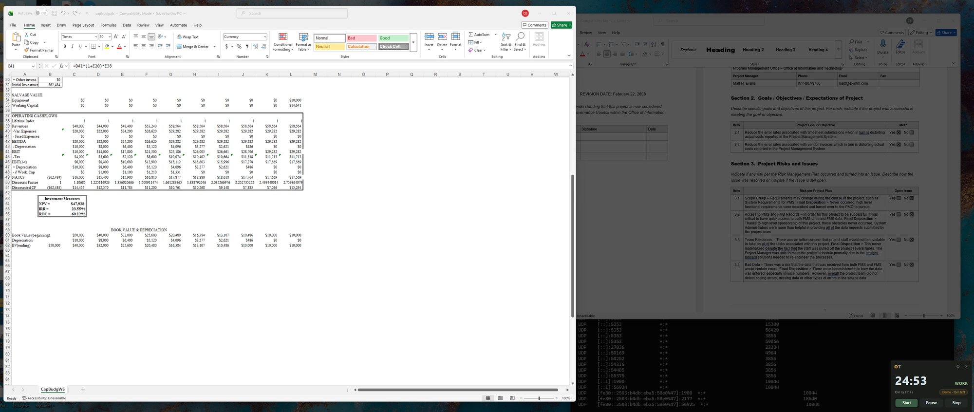 Excel stays bright. Word and a terminal sit dimmed behind it. The OnlyThis timer is on the desk.