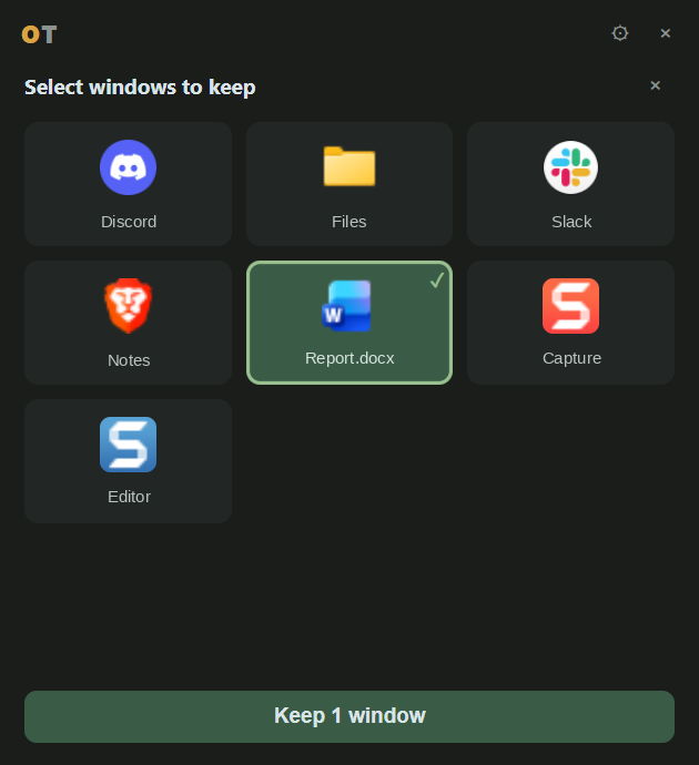 Window picker with Report.docx selected. Discord, Files, Slack, Notes, Capture, and Editor are the other windows.