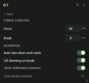 Settings for focus and break length, auto-dim, lift on break, and mute notification banners.