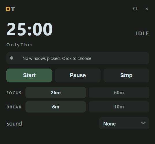 OnlyThis timer at 25:00, idle, with Start, Pause, Stop, and 25 or 50 minute focus lengths.
